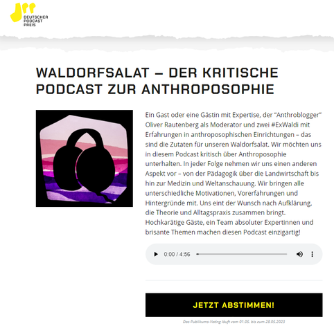 Screenshot der Webseite "Deutscher Podcastpreis" mit dem Logo von Waldorfsalat und einem "Jetzt abstimmen!"-Button