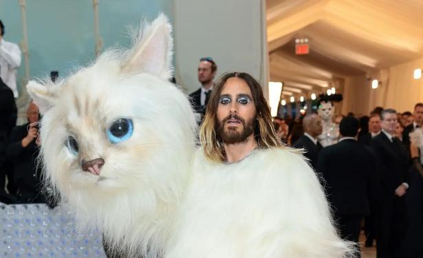 the actor Jared Leto, ruining the magic by removing his cat head fursuit in public.  Leto is wearing glittery eye shadow and bleached hair tips