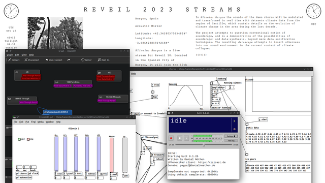 A screenshot of a computer screen showing a web browser and a number of application windows. We see Firefox on a Reveil 10 Stream page, QjackCTL showing a graph of the JACK audio server connections, a couple of Pure Data patches, and an application imaginatively called Broadcast Using This Thing (BUTT).