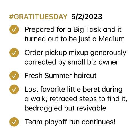 Screenshot of Notes app checklist list with all items marked as complete. List reads:  

#GRATITUESDAY  5/2/2023
- [x] Prepared for a Big Task and it turned out to be just a Medium 
- [x] Order pickup mixup generously corrected by small biz owner 
- [x] Fresh Summer haircut
- [x] Lost favorite little beret during a walk; retraced steps to find it, bedraggled but revivable
- [x] Team playoff run continues!