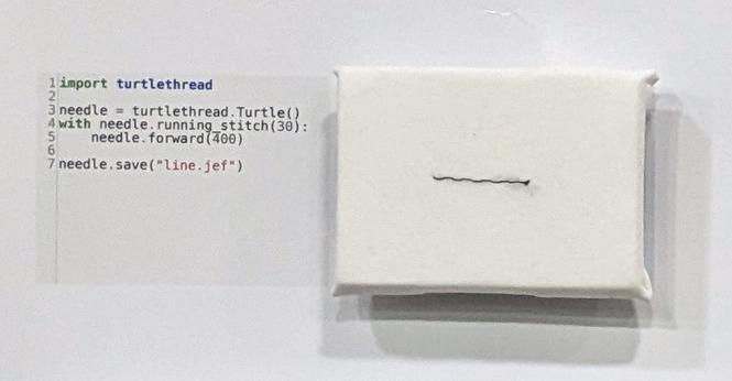 Detail 1: Code demonstrating the turtlethread package and the resulting cloth sample.