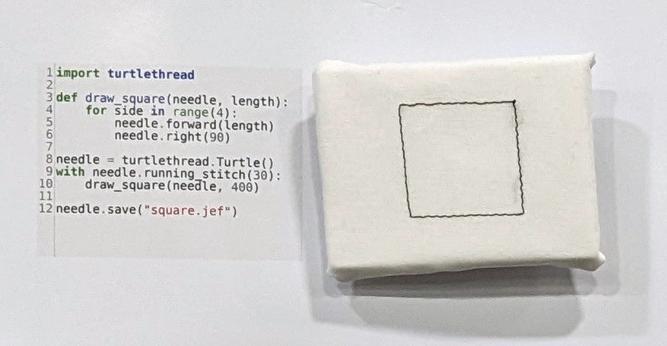 Detail 2: Code demonstrating the turtlethread package and the resulting cloth sample.