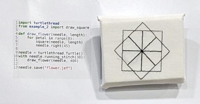 Detail 3: Code demonstrating the turtlethread package and the resulting cloth sample.