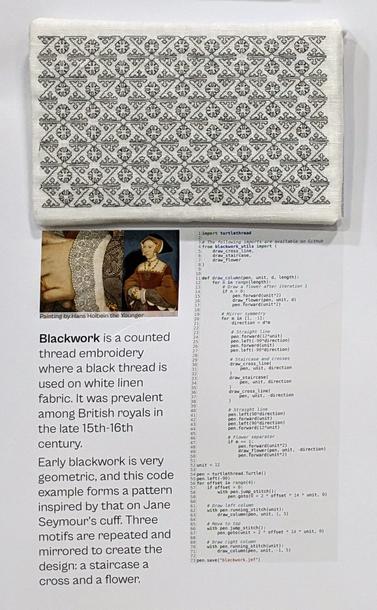 Detail 5: Code demonstrating the turtlethread package and the resulting embroidered sample.
