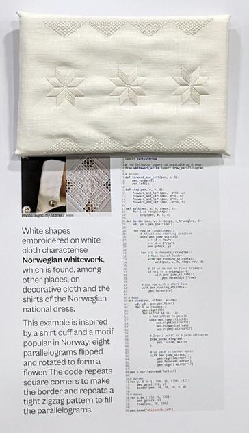 Detail 7: Code demonstrating the turtlethread package and the resulting embroidered sample.