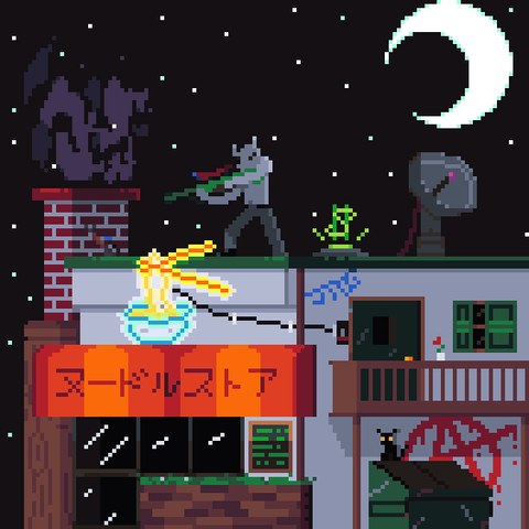 A horned guy holding a more realistic sniper rifle on top of a noodle shop that has Katakana that directly translates to noodle store. It appears to be closed. There is also a cat seated on top of a large green dumpster.