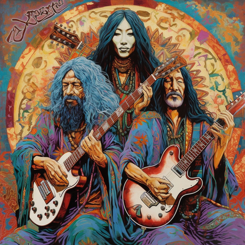 Three robed characters sit before a woven circular backdrop. Two men hold guitars while a Japanese woman stands in the center behind them making direct eye contact.