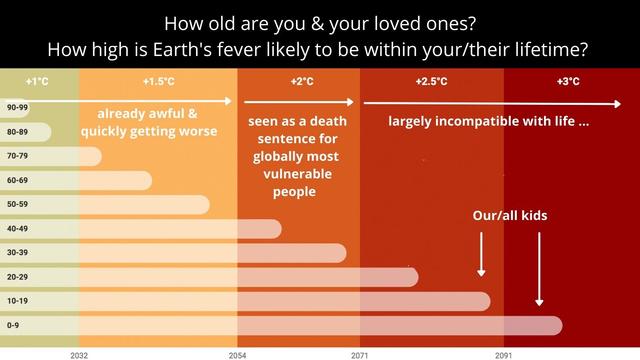 Chart showing progression of danger as climate continues to heat up, matched with present-day age of people.

Heading reads: How old are you & your loved ones? How high is Earth's fever likely to be within your/their lifetime?