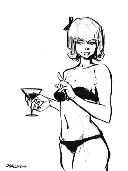 Girl in black bikini style swimsuit and holding martini glass, gesturing as if in conversation
