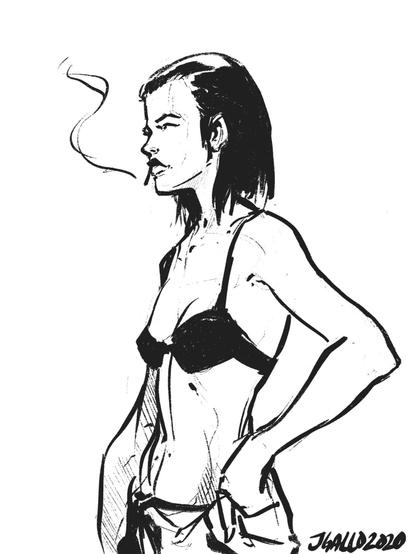 Profile view of dark-haired girl in shorts and black bikini top standing casually, cigarette hanging from her mouth