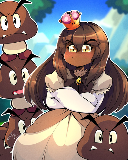 A goomba transformed by the super crown into princess Goombette