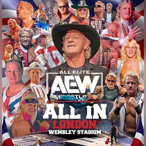 The AEW All In London Wembley Stadium parody poster with only Jeff Jarrett and all his looks, through the years.