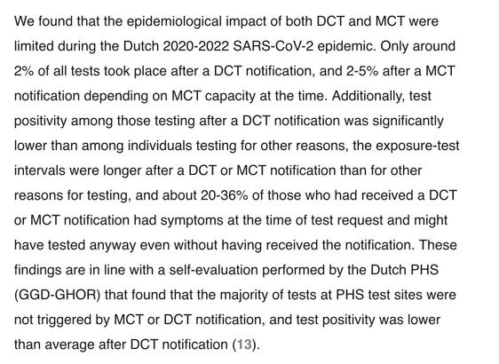 We found that the epidemiological impact of both DCT and MCT were limited during the Dutch 2020-2022 SARS-CoV-2 epidemic. Only around 2% of all tests took place after a DCT notification, and 2-5% after a MCT notification depending on MCT capacity at the time. Additionally, test positivity among those testing after a DCT notification was significantly lower than among individuals testing for other reasons, the exposure-test intervals were longer after a DCT or MCT notification than for other reasons for testing, and about 20-36% of those who had received a DCT or MCT notification had symptoms at the time of test request and might have tested anyway even without having received the notification. These findings are in line with a self-evaluation performed by the Dutch PHS (GGD-GHOR) that found that the majority of tests at PHS test sites were not triggered by MCT or DCT notification, and test positivity was lower than average after DCT notification (13).