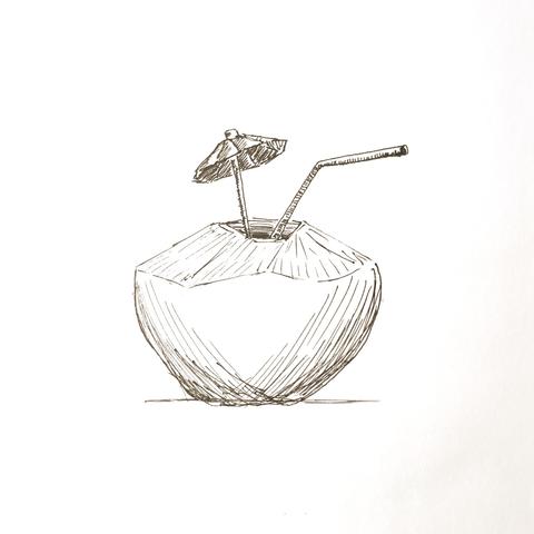 doodle of an opened coconut with straw and cocktail umbrella