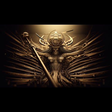 A female figure in vaguely samurai-like armor holds a large blasting rod and is backed by what appear to be hundreds of horizontal swords.