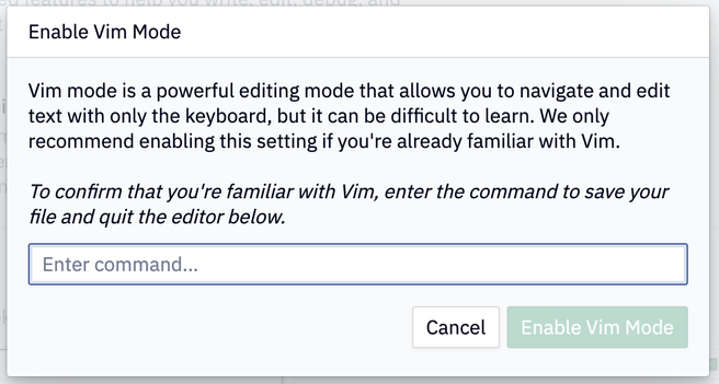 A confirmation dialog for enabling vim mode