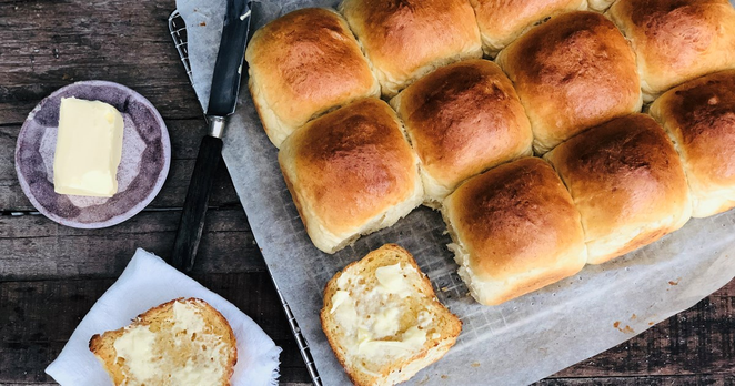 Photo of freshly baked wheat buns (Hveder) that Danes enjoy on the now retired Big Pray Day (Store Bededag).

Photo from Arla's online cookbook, where the recipe is also available: https://www.arla.dk/opskrifter/varme-hveder/