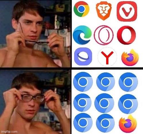 The meme of Peter Parker who looks without his glasses and who sees many web browsers (Chrome, Edge, Opera, Brave, Firefox, etc) and when he puts his glasses back on all the browsers are replaced by just Chrome and Firefox.