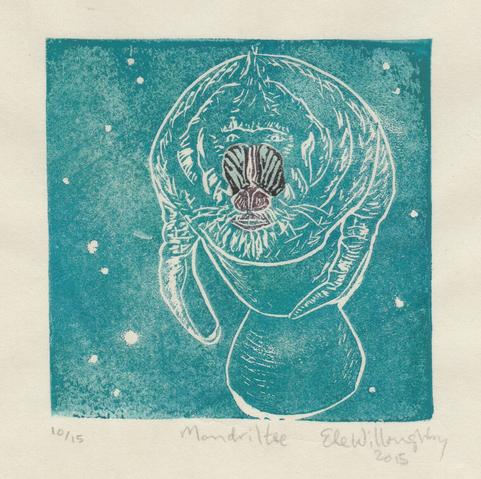Linocut of the “Mandriltee” in teal on a square sheet of cream coloured washi paper. An animal like a manatee with the face of a mandrill in black, turquoise and red fills the square.