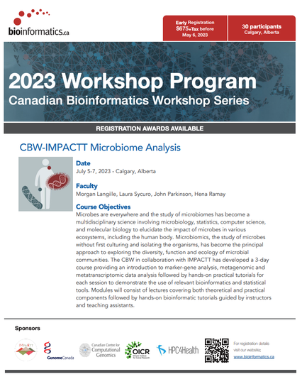 Flyer for the CBW-IMPACTT Microbiome Analysis Workshop. July 5-7, 2023 at the University of Calgary, Alberta, Canada.
