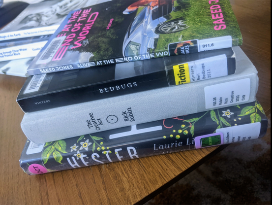 A stack of library books: Saeed Jones' "Alive at the End of the World;" Ben H. Winters' "Bedbugs;" Rick Rubin's "The Creative Act;" and Laurie Lico Albanese's "Hester."
