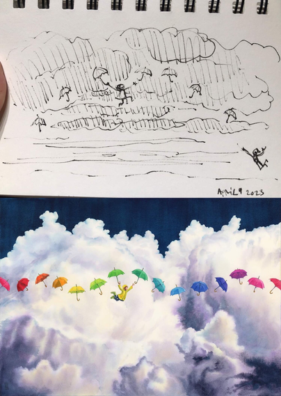 This is two images put together in one image. The top image is of a rough sketch of an idea. I had to make a painting. The rough sketch is done in Inc. and it’s very simple with a stick figure person swinging from one umbrella to another across the sky on a backdrop of clouds. It’s about 4 x 6” and took probably about five minutes to draw it. The bottom image of the final finished painting which is much bigger, it is about 14 x 20”. It is painted in watercolours and you can see that the umbrellas.￼ The child is swinging across these umbrellas freely. The clouds are big and white and fluffy with purple shadows. Above the clouds, it is night sky. It took about two weeks to paint it.
