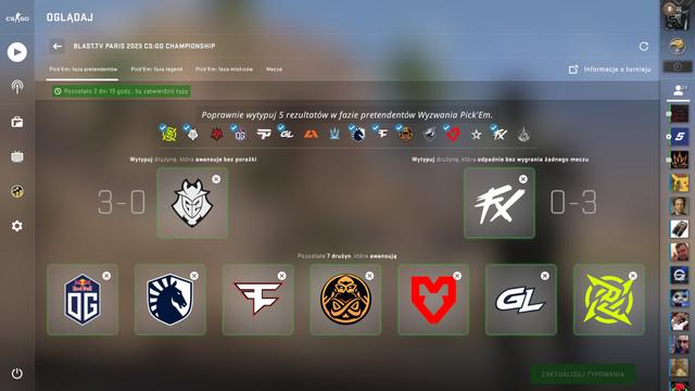 screen z gry Counter-Strike Global Offensive z logotypami zespołów przypisanymi do poszczególnych typowań - G2 Esports jako drużyna, która awansuje z wynikiem 3:0, OG, Liquid, FaZe, ENCE, mouz, GamerLegion i NiP które awansują, FX jako zespół, który odpadnie z wynikiem 0:3