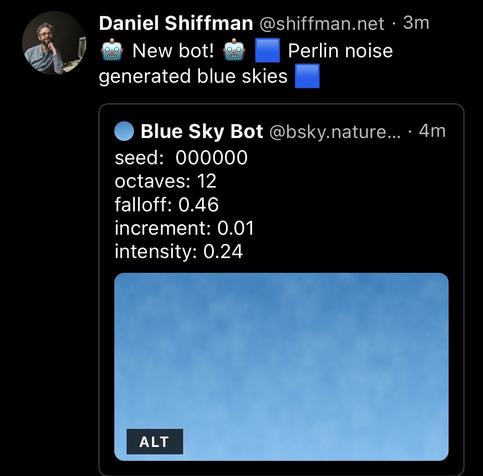 Screenshot of Blue Sky profile posting a perlite noise generated blue sky image.