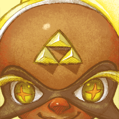 Pencil & digital fan artwork of a zoomed-in, fisheye shot of Splatoon character Frye's forehead with an extra yellow pyramid eyebrow forming a triforce with her two other ones. Frye's eyes are open wide and looking in somewhat opposite directions for a weird yet comical effect.