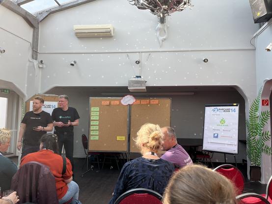 Ein Bild der bald beginnenden Sessionplanung, Links Menschen, in der Mitte das leere Board, rechts die Sponsoren.