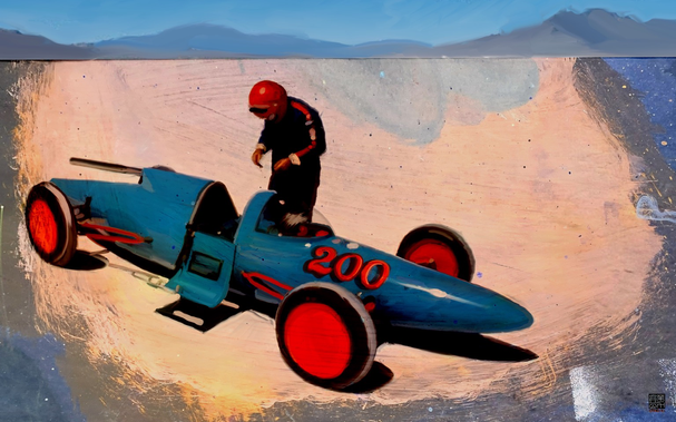 On the vast Bonneville Salt Flats a red wheeled streamliner powered by a motorcycle engine sits in contrast to the stark vanilla landscape.