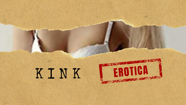 A tear in a brown paper wrapper reveals a tantalizing glimpse of the book cover below, showing the long blonde hair and upper torso of a light-skinned woman. The bottom half of the wrapper is labeled "Kink" and "Erotica" is stamped in red ink.