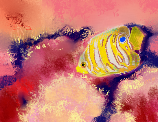A yellow fish with white stripes and a blue dot among some pink red coral.