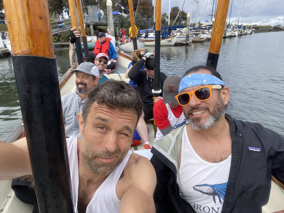 A motley crew in a monomoy boat at the West Coast Classic