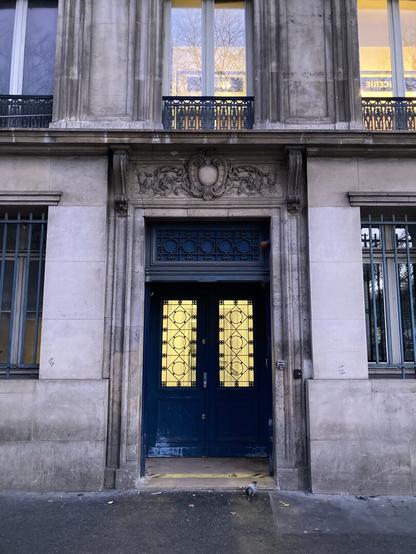 Dark windows on either side, two inset blue doors paneled on top with clear windows designed with simple circles inside squares are lit from behind, framed by an ornate doorway design above, in an otherwise gray building on a Paris street, a single pigeon at the stoop.