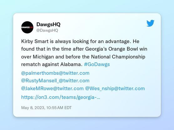 Kirby Smart is always looking for an advantage. He found that in the time after Georgia's Orange Bowl win over Michigan and before the National Championship rematch against Alabama. #GoDawgs 

@PalmerThombs @RustyMansell_ @JakeMRowe @Wes_nship

https://t.co/bwCeil4JRU