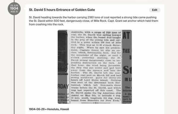 Saint David heading towards the harbor, carrying 2180 tons of coal reported a strong tide came pushing the Saint David within 500 feet, dangerously close, of mile rock. Saint Captain said the anchor which held them from crashing into the rock.