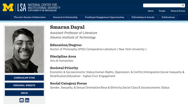 Screenshot of my profile page on the University of Michigan website. You see my professional picture on the left hand side and my name, education, discipline area, societal priorities, and social category foci on the right.