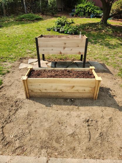 An elevated 2x4 foot planter behind an on the ground raised bed of the same size, all surrounded by dirt in the middle of a ragged lawn that hopefully will have mini-clover this year.