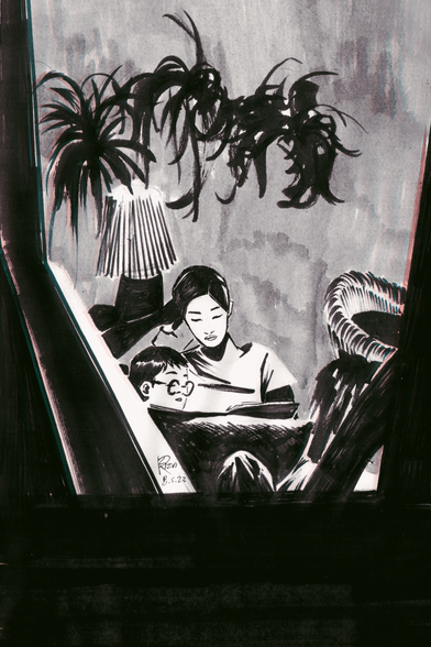 Pen and ink sketch of a woman reading to her son