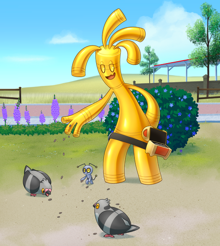 A gholdengo stands with its belt and chest facing forward on its left hip. It is throwing seeds to the ground, where two pidoves are eager to eat them. A gimmighoul stands next to gholdengo and throws one seed. The backdrop is set during the day in Alfornada town, with rolling grass hills and purple and blue flowers.