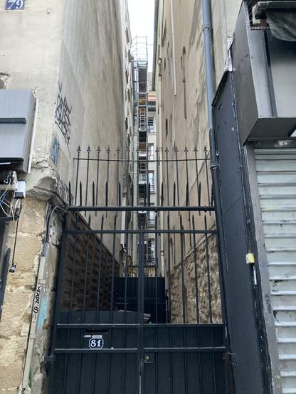 A dark blue gate with two levels of upward oriented spikes closes off the sole entry/exit of an extremely narrow alley between Paris buildings, unusual for its second gate a few feet behind and stream barely fitting modern fire escapes from the windows above.