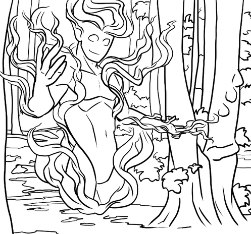 A drawing of a will-o-wisp beckoning the viewer as he gestures deeper into the swamp.