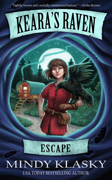 The cover of Keara's Raven: Escape features an illustration of a young girl with a raven perched on her arm, posing in front of a medieval travelers caravan