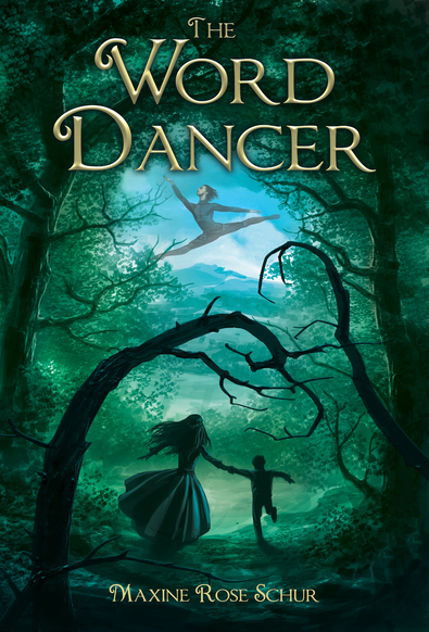 The cover of The Word Dancer features an illustration of two children running through dark woods. A gap between the trees reveals the sky above, and through the sky soars the magical Word Dancer, a strange man who wields the power of words