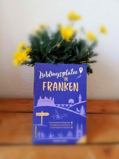 Ein Buch mit dem Titel "Lieblingsplätze in Franken" vor einem gelben Blumenstrauß