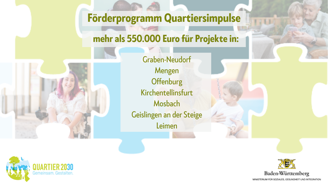 Text: 
Förderprogramm Quartiersimpulse
mehr als 550000 Euro für Projekte in 
Graben-Neudorf
Mengen
Offenburg
Kirchentellinsfurt
Mosbach
Geislingen an der Steige
Leimen

Hintergrundbild: Puzzlesteine in hellen Farben. Einige davon zeigen unterschiedliche Lebenssituationen, z.B. Großmutter mit Enkel, eine junge Familie, eine Frau im Rollstuhl.