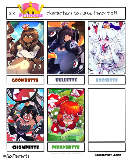 A six fanarts challenge for characters made with the super crown power up in Mario.