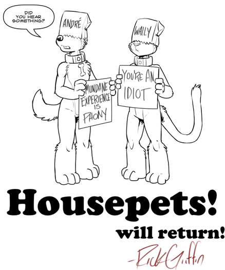 Final panel of housepets.

An uncolored Peanut the dog and Grape the cat hold goofy signs.