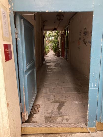 a small light blue door opens inward to an obscure passageway revealing a cobblestone path between mildly graffitied walls, two hanging lamps, a set of blue, then colored doors far ahead on the right of the beginning of a garden courtyard.